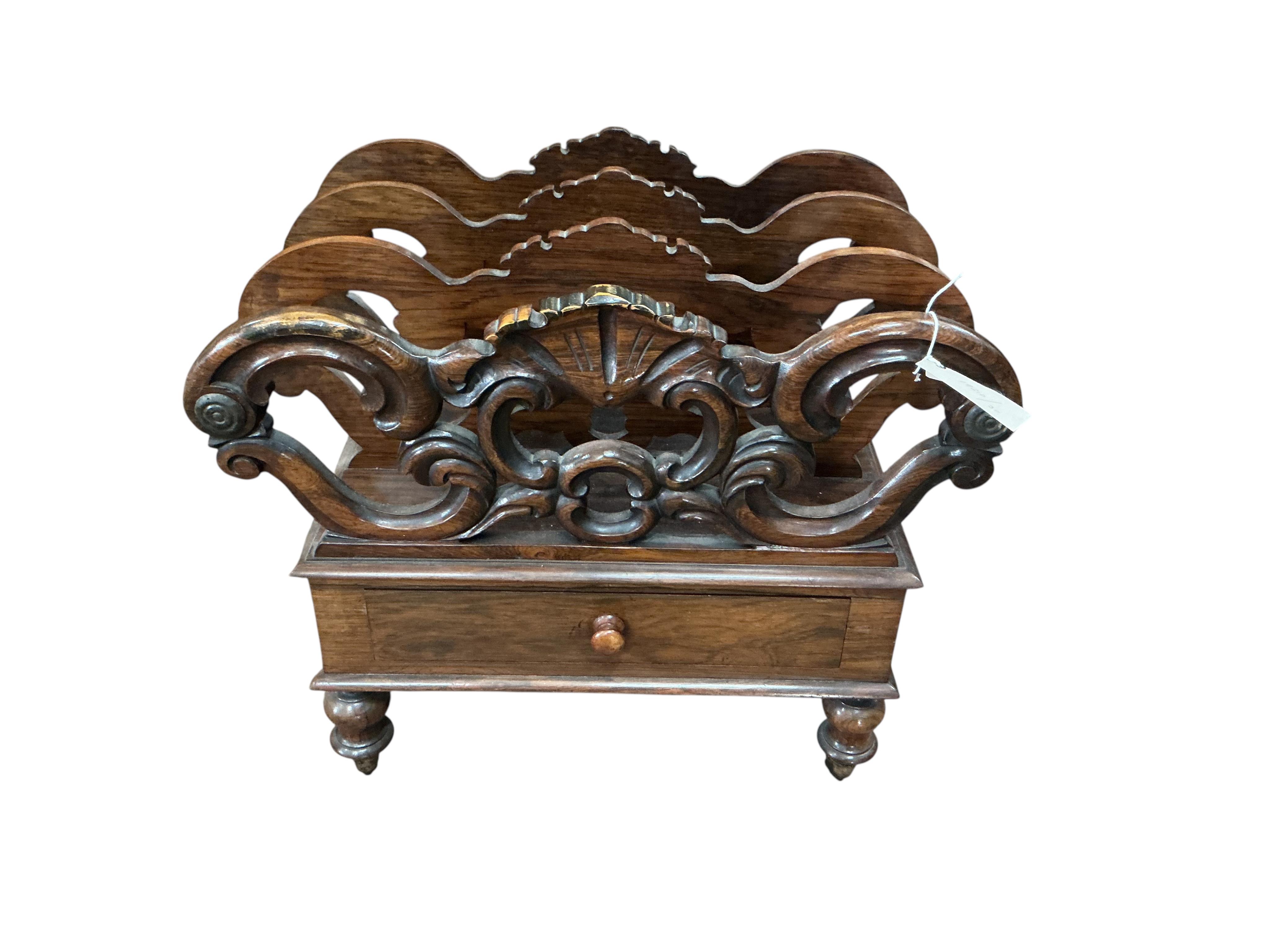 A Victorian rosewood three division Canterbury, width 54cm, depth 36cm, height 46cm